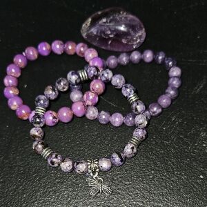 Purple Beaded Bracelet Set with Butterfly Charm